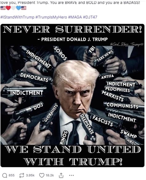 Trump shares NEVER SURRENDER meme with almost 20 guns pointed at his head