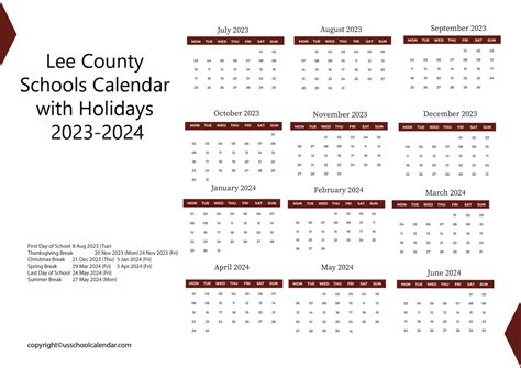 Lee County Schools Calendar with Holidays 2023-2024