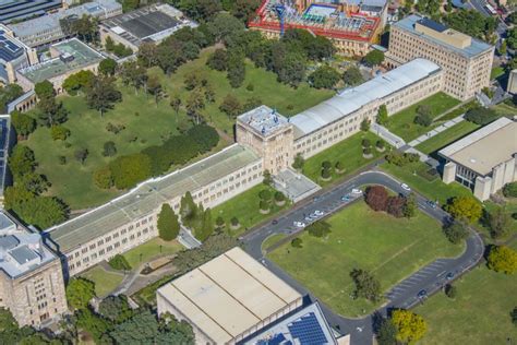 Aerial view of UQ St Lucia campus, with Forgan Smith Building, forecourt and Great Court ...