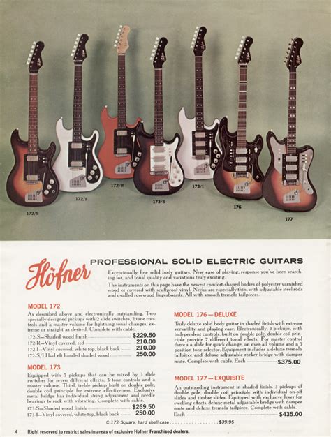 1967 Hofner Guitar and Bass Catalogue page 4 - Hofner 172, 173, 176 and 177 solid body guitars