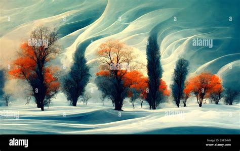 Illustrative painting of a winter scene with tree and snow. Oil ...