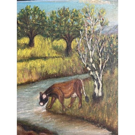 Antique Oil Painting of Landscape With Cow | Chairish