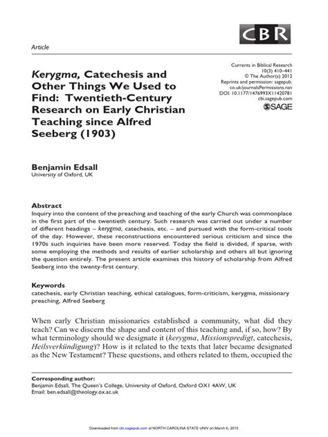 Kerygma, Catechesis and Other Things We Used To Find Twentieth-Century Research On Early ...