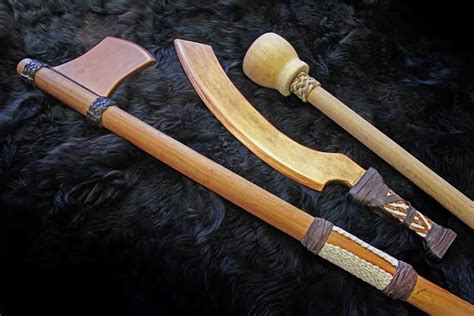 Prop Egyptian kopis, axe and mace made using thick leather laminated ...