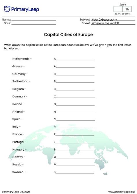 Geography: Capital Cities of Europe | Worksheet | PrimaryLeap.co.uk