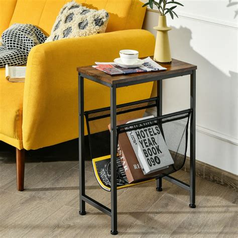 Narrow End Table with Magazine Holder Sling for Small Space - Costway