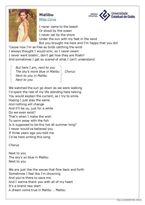 Song Malibu by Miley Cyrus song and…: English ESL worksheets pdf & doc