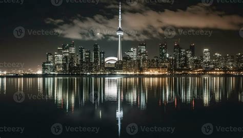 Bright city lights reflect on waterfront skyscrapers generative AI ...