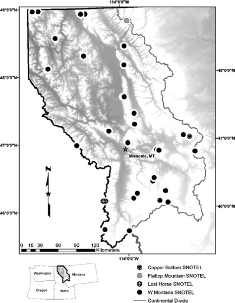 Map showing western Montana and location of SNOTEL sites west of the ...