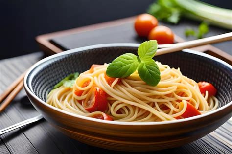 Premium Photo | A bowl of spaghetti with a spoon and a bowl of fresh basil.