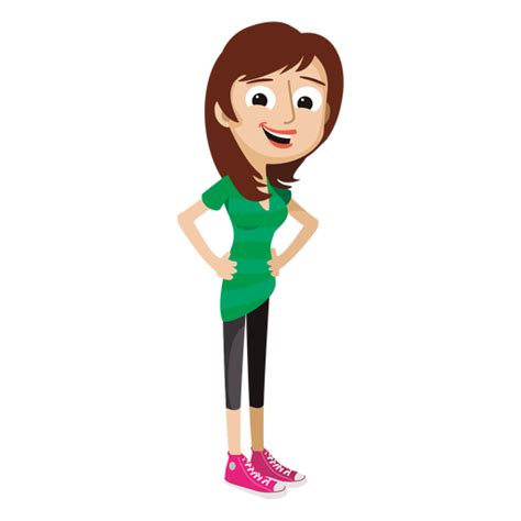 a woman in green shirt and black pants standing with her hands on her hipss