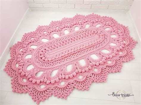 Pink Crochet Rug Oval Crochet Carpet Doily Rug Handmade Floral Area Rugs Bedside Mat Knitted ...