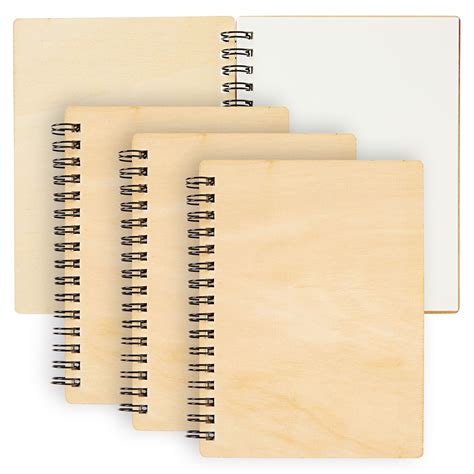4 Pack Wooden Cover Notebook, Spiral Bound Unruled Plain DIY Craft Journal for Students ...