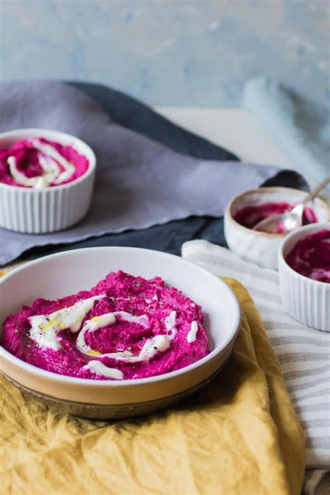 Creamy beetroot hummus made using baby and pickled beetroot