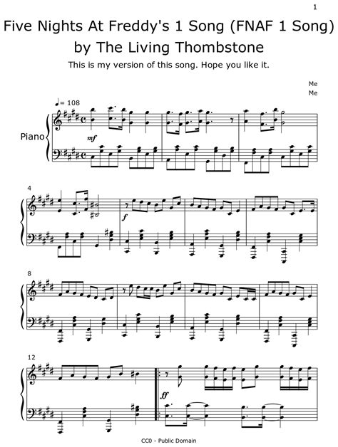 Five Nights At Freddy's 1 Song (FNAF 1 Song) by The Living Thombstone - Sheet music for Piano