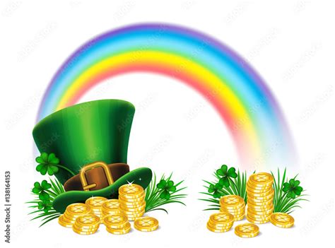 St. Patrick's Day green leprechaun hat with clover, gold coins and ...