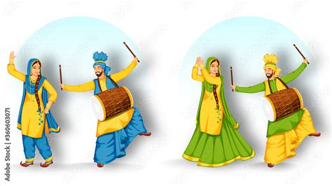 Vetor de Punjabi Man Playing Dhol (Drum) and Woman Performing Bhangra ...