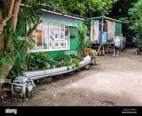 Exterior of artists' studios in the working boatyard on Eel Pie Island ...