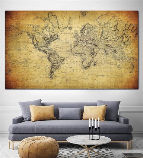 Large World Map Canvas Antique Map of Old World World Map Print Brown World Map Print Multipanel ...