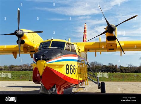 PULA, CROATIA - MARCH 25, 2017: Bombardier CL-415 water bomber aircraft ...