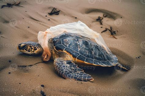 A turtle trapped in a plastic bag lying on the beach. The concept of an ...