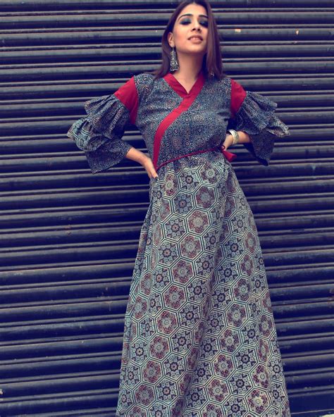 Contemporary Ajrakh Dress with Volume Sleeves