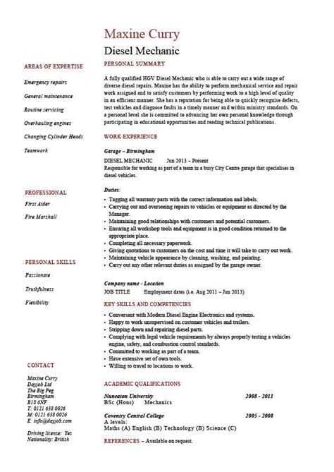 Diesel mechanic resume, example, sample, vehicles, cars, repair ...