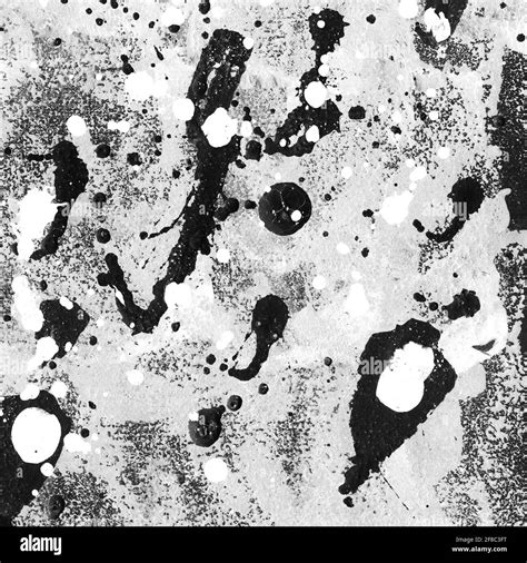Contemporary abstract art illustration. Grungy black and white paper texture with paint drops ...