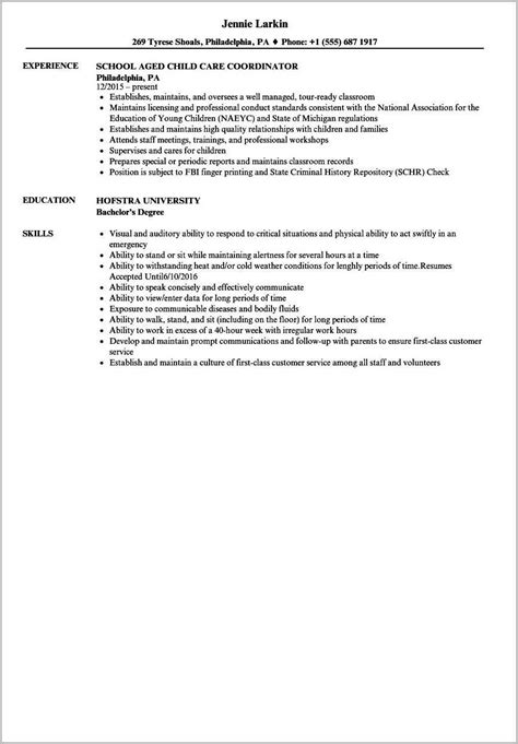 Child Care Resume Job Description - Resume Example Gallery