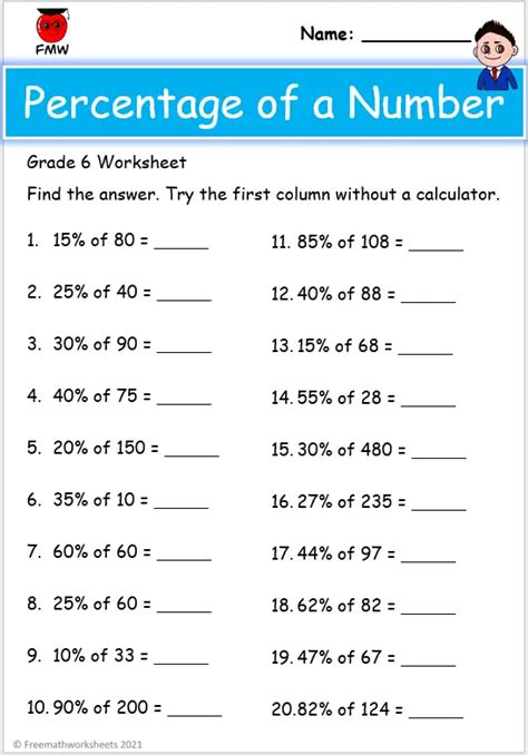 Percentage Questions For Class 6 Worksheets