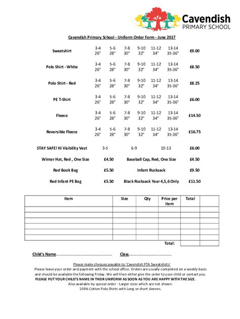 Fillable Online Cavendish Primary School - Uniform Order Form Fax Email ...