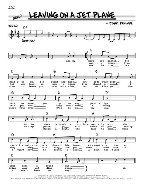 Leaving On A Jet Plane by John Denver Sheet Music for Real Book – Melody, Lyrics & Chords at ...