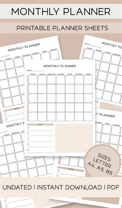 UNDATED MONTHLY PLANNER Printable, A5 Monthly Planner Printable Inserts, Instant Download, Pdf ...