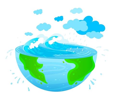 Premium Vector | Cartoon earth with water waves rain clouds above ...