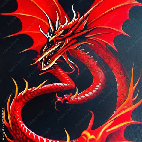 Fantasy evil dragon portrait. Surreal artwork of danger dragon from medieval mythology. Oil ...