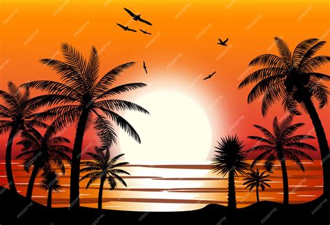 Premium Vector | Silhouette of palm tree on beach.