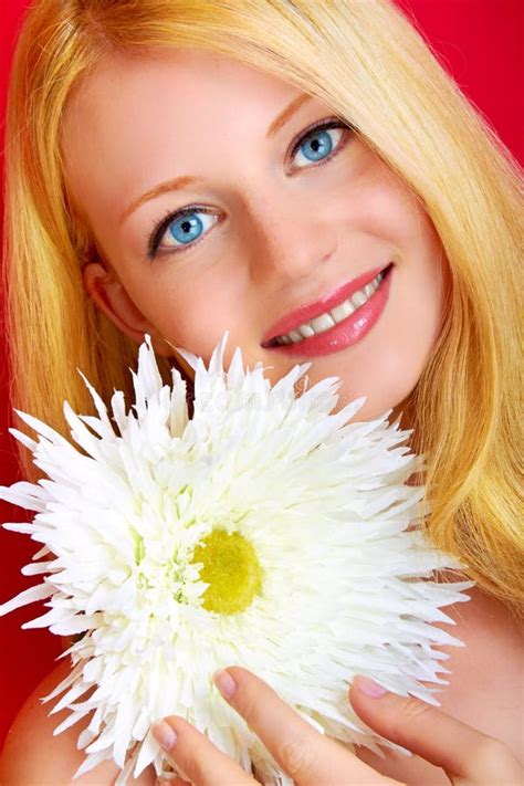 Pretty Smiling Girl with Flower Stock Photo - Image of positive, cute: 27689326