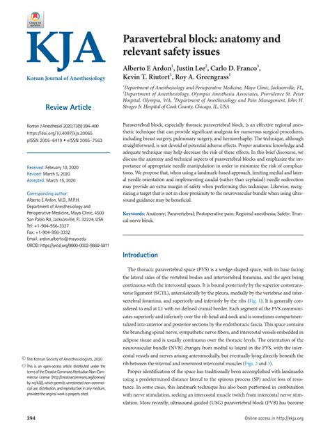 Paravertebral Block: Anatomy and Relevant Safety Issues Alberto E Ardon1, Justin Lee2, Carlo D ...