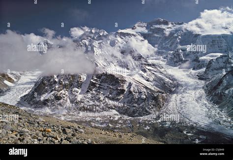 The Kangchenjunga range with the main summit of Kangchenjunga, Nepal Peak, Tent Peak and the ...