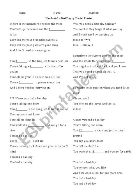 Lyrics -- Bad Day by Daniel Powter - ESL worksheet by orangepiyo