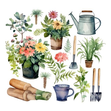 Premium Vector | Watercolor set of gardening tools flowers and plants