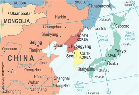 North Korea South Korea Japan China Russia Mongolia Map - Vector ...