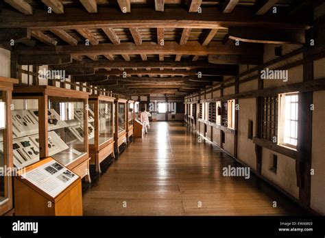 Himeji castle, Japan. Interior of the keep, long open corridor with ...