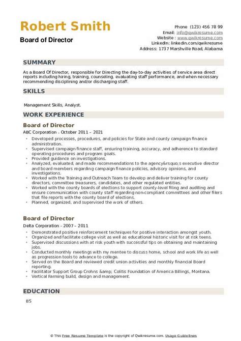 Board of Director Resume Samples | QwikResume