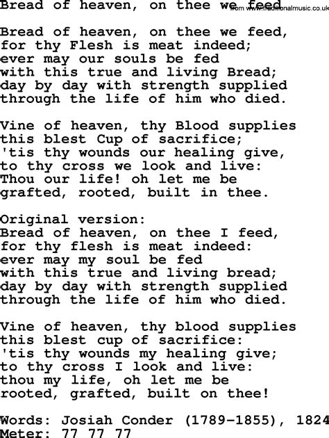 Lent Hymns, Song: Bread Of Heaven, On Thee We Feed - lyrics, midi music and PDF