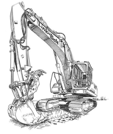 a black and white drawing of an excavator on the ground with it's front ...