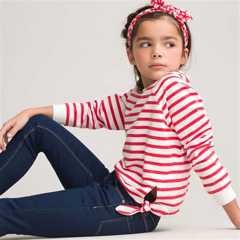 Striped cotton mix sweatshirt with crew neck, 3-14 years, striped red, La Redoute Collections ...