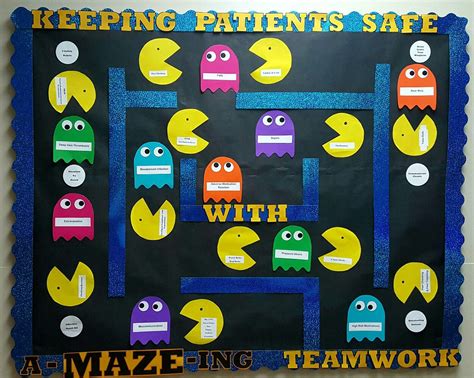 a bulletin board with different types of pacman faces and words that read keeping patients safe