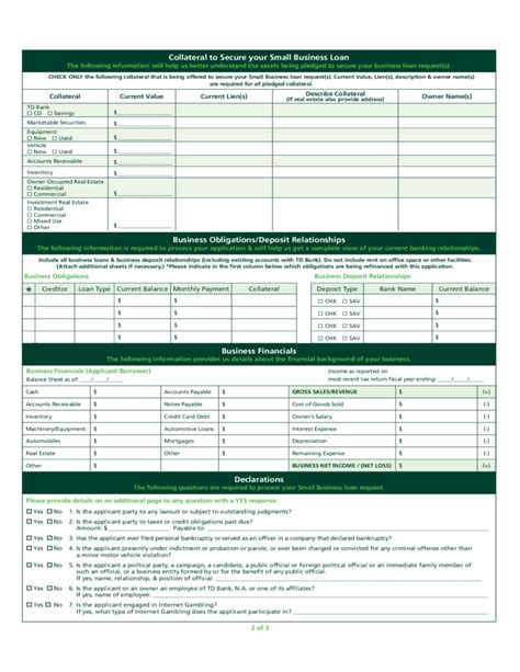 Small Business Loan Application - TD Bank Free Download