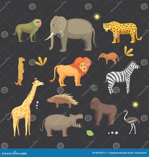 African Animals Cartoon Vector Set. Elephant, Rhino, Giraffe, Cheetah ...